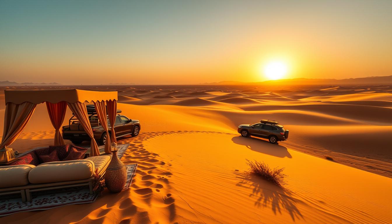 Golden dunes in Dubai at sunset